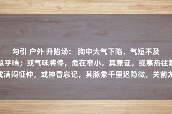  勾引 户外 升陷汤： 胸中大气下陷，气短不及以息，或英勇呼吸，有似乎喘；或气味将停，危在窄小。其兼证，或寒热往复，或咽干作渴，或满闷怔仲，或神昏忘记，其脉象千里迟隐微，关前尤甚。其剧者，或六脉不全，或参伍不调。 加